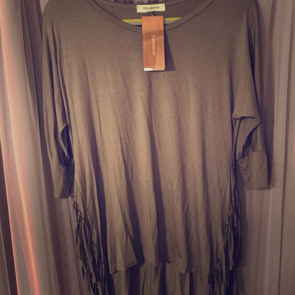 Army Green, Fringed, 3/4 Sleeve Shirt